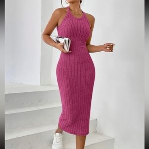 Pink Halter Casual Midi Dress